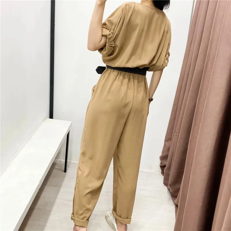 

PSEEWE Za Female Jumpsuit Belt Summer Elegant Woman Jumpsuits Ruched Short Sleeve Office Casual Loose Women Jumpsuit Rompers
