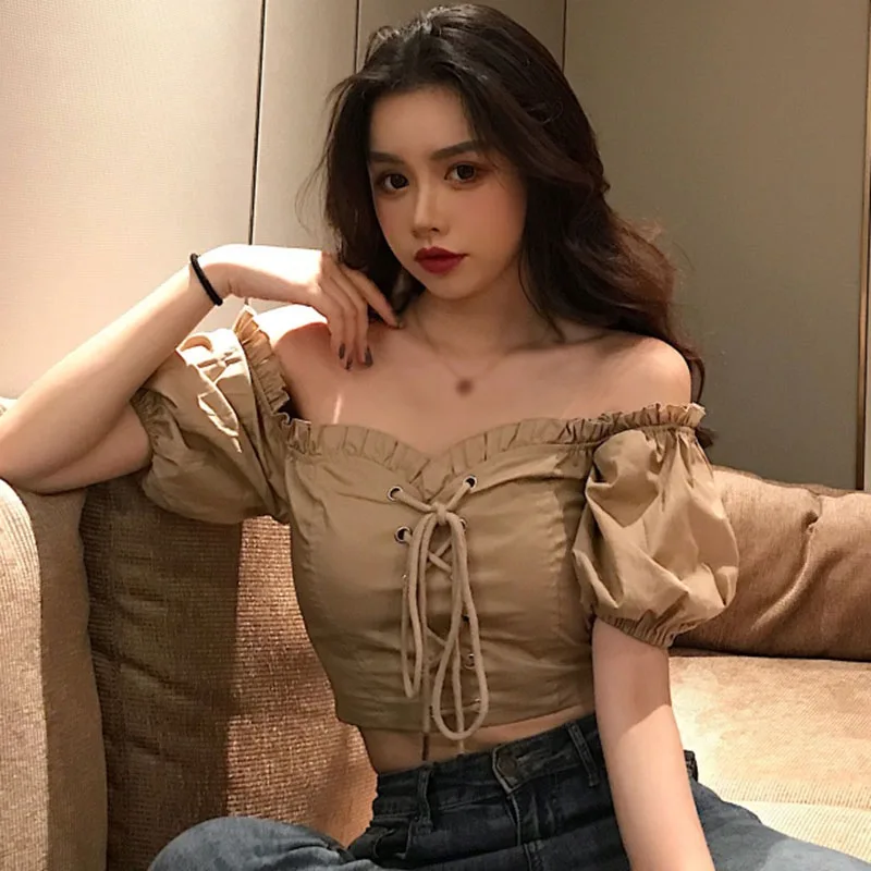 

Women Clothes Palace Retro One-Line Neck Strapless Lace-Up Short Puff Sleeve Ladies Sexy High Waist Shirt