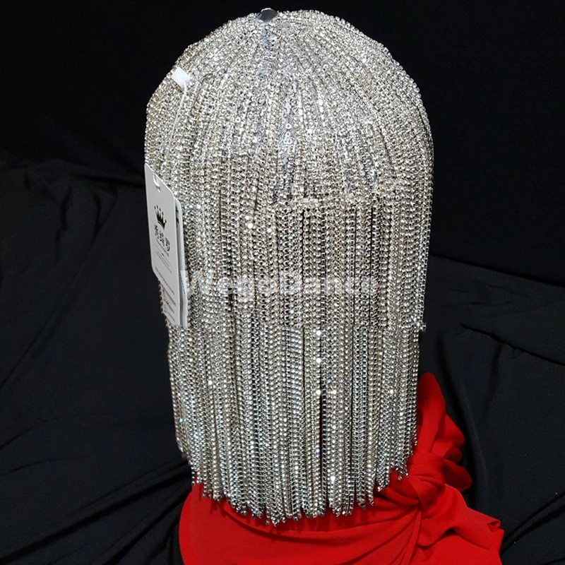 Sexy Women Silver Rhinestone Chain Wig Head Ornament Festival Outfit Nightclub Singer Rave Wear Accessories |