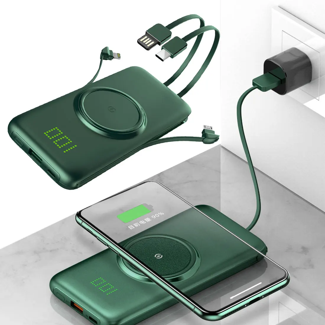 

Wireless power bank 10000/20000mAh LED digital display portable charger external battery with four cables for fast charging