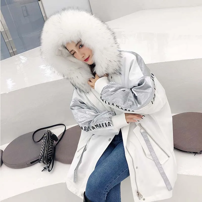 New Style Women Winter Parkas Rex Rabbit Fur Liner Detachable Fur Coats Loose Hooded Oversize Fashion Female Overcoats Jackets