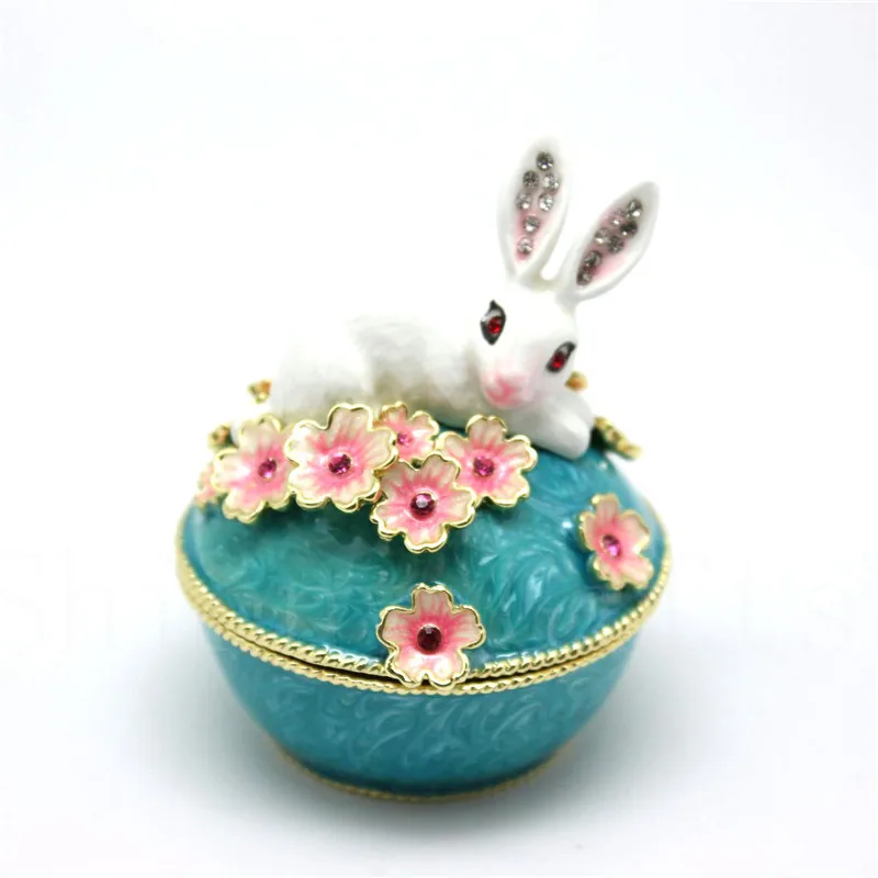 

Ring Gift Box Wedding Favor Rabbit on Flower Trinket Box Enamel Metal Jewelry Box