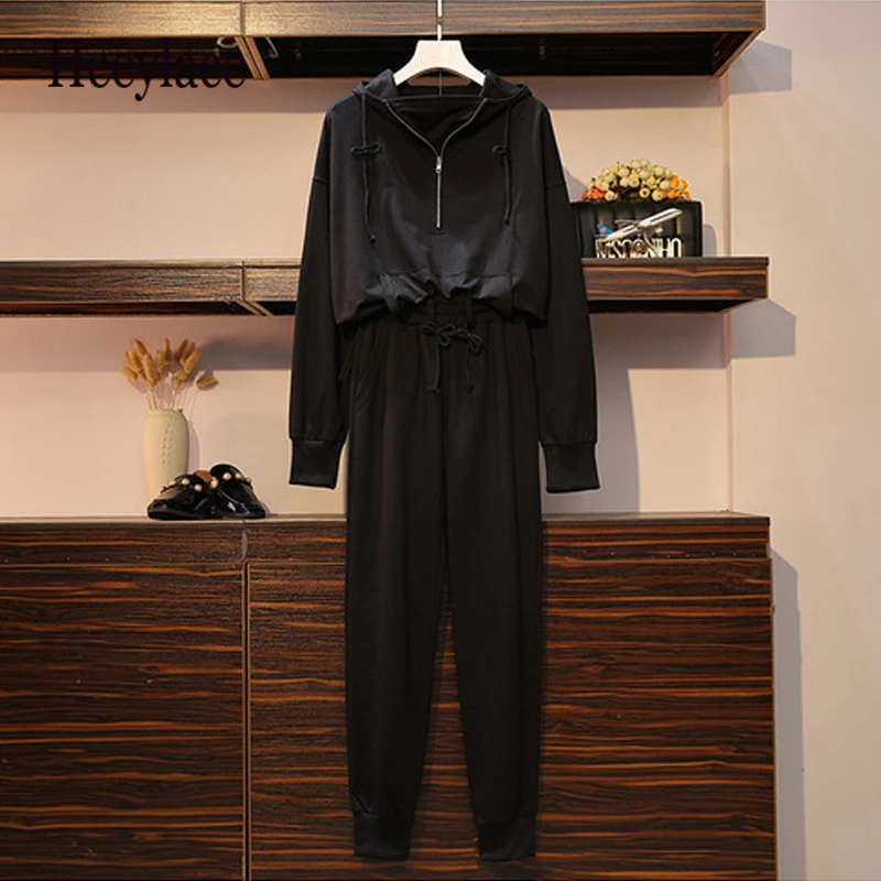 5XL размера плюс женский осенний Черный свободный спортивный костюм комплект из