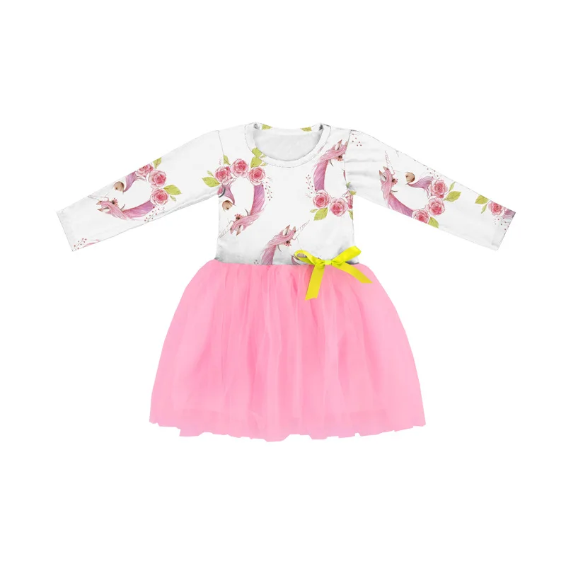 

Unicorn Girls Dresses Long Sleeve Bowknot Dress Summer Pink Gauze Skirt Clothes Cartoon Cute Gifts For Children