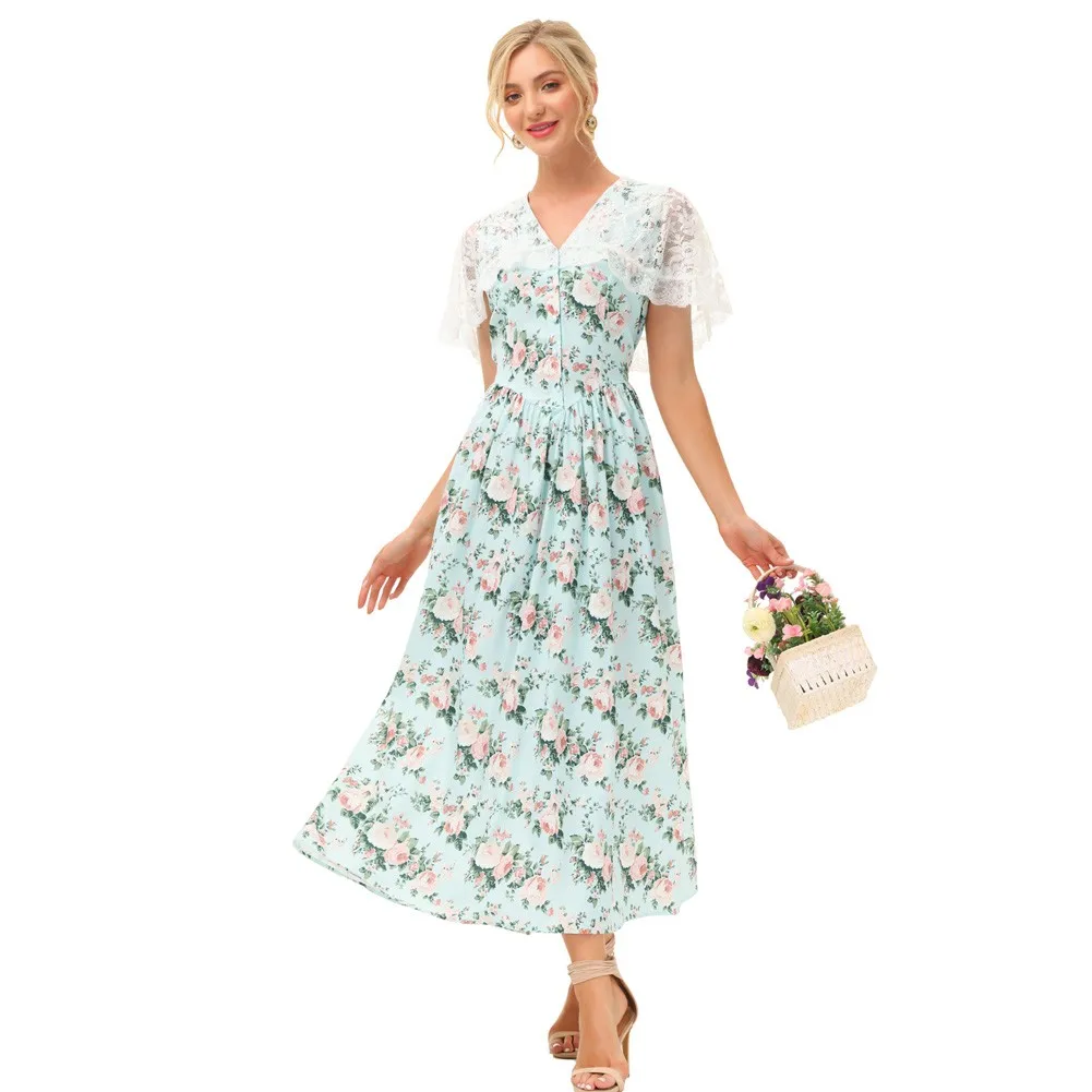 

BP Womens Dresses Summer Lace Drape Decorated Dress Floral Print V-Neck Flared A-Line Maxi Dress Ladies Elegant Party Streetwear