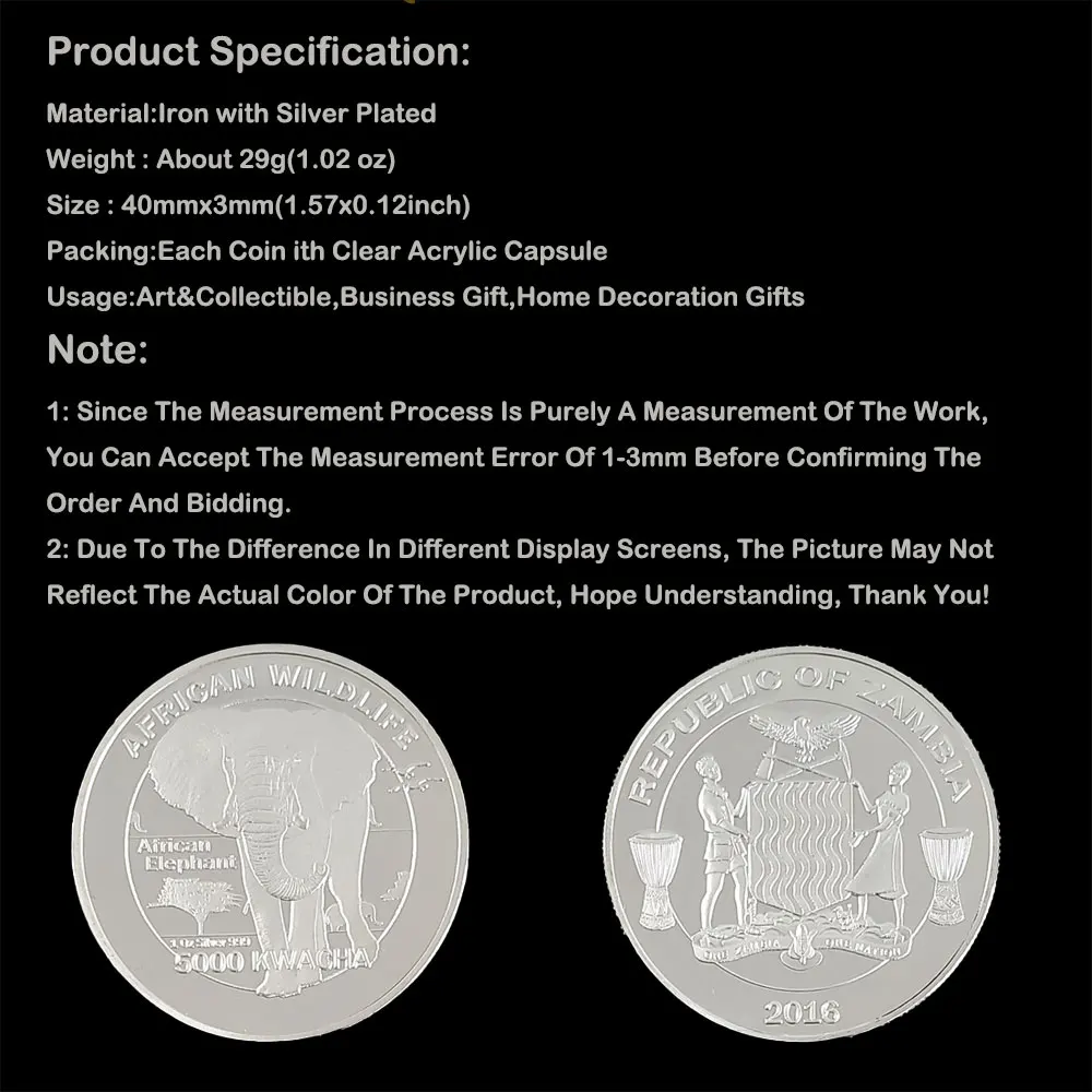 

SIlver Plated African Wildlife Elephant Zambia Kwacha Animal Souvenirs Coin Medal Collectible Challenge Coins Gift Challenger