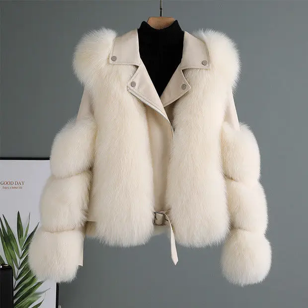 Women Faux Fur Coat with Fox Fur Winter Fashion 2021 New Motocycle Style Luxury Fox Fur Leather Jackets Woman Trendy Overcoats
