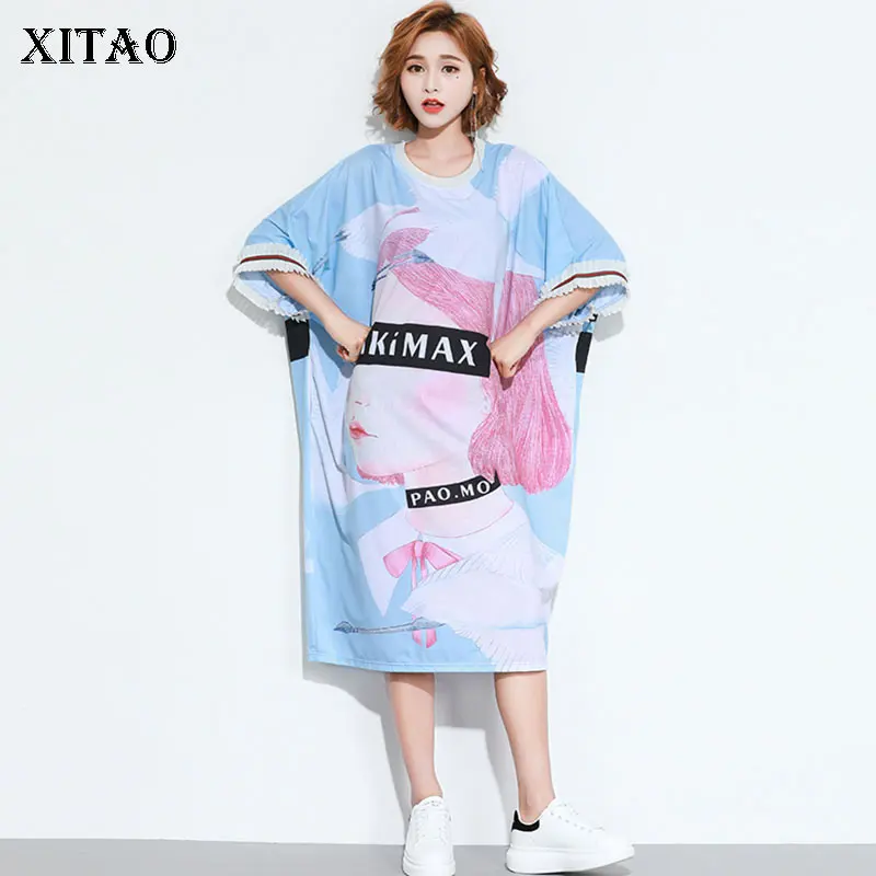 XITAO, уличное платье размера плюс, корейская мода, новинка, о-образный вырез, принт, узор, пэчворк,, летнее, длинное, дикое, Джокер, элегантное, WLD1857