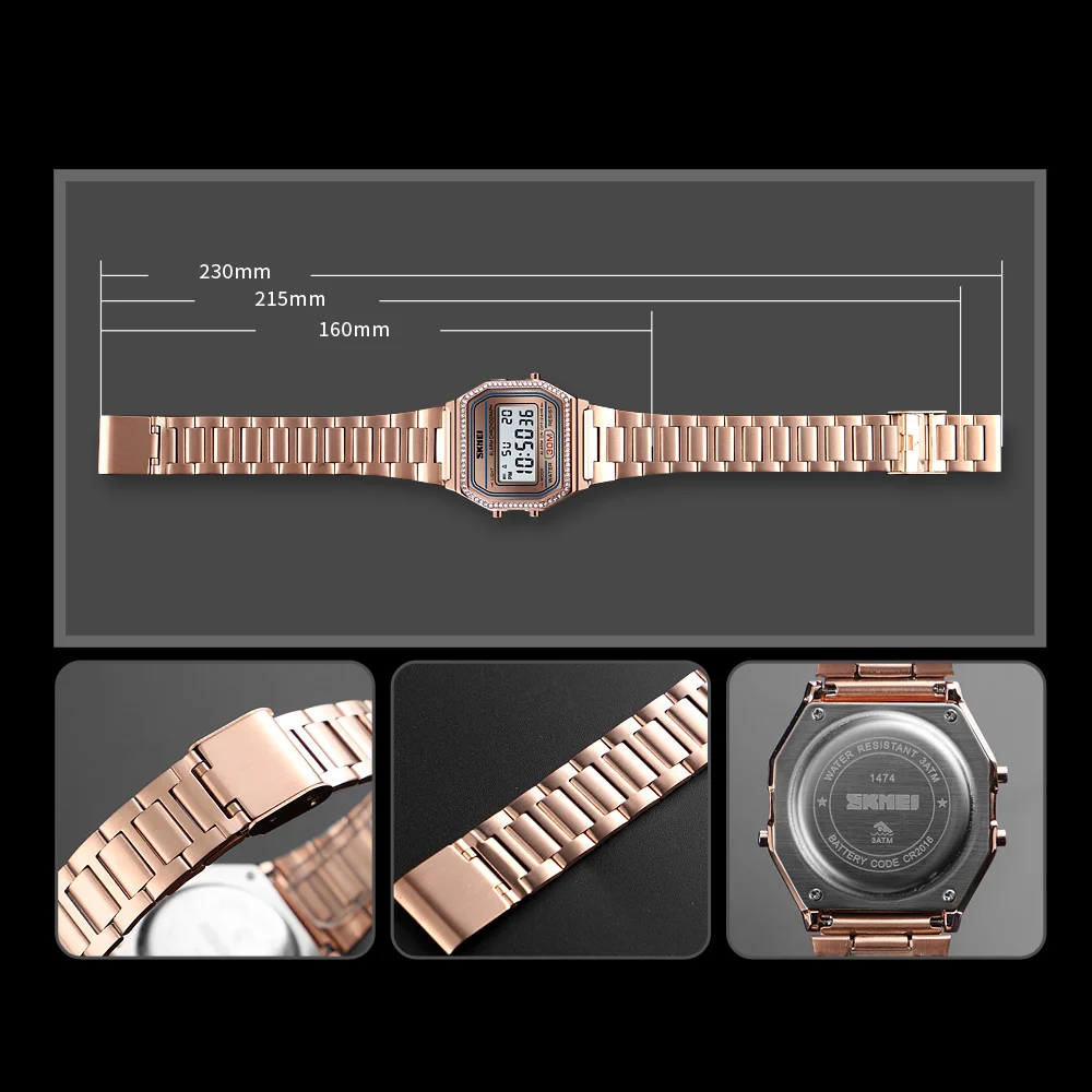 

SKMEI Women Watch Wristwatches Lady Stainless Steel Strap LED Digital Rhinestone Watch Square Watches Relogio Masculino