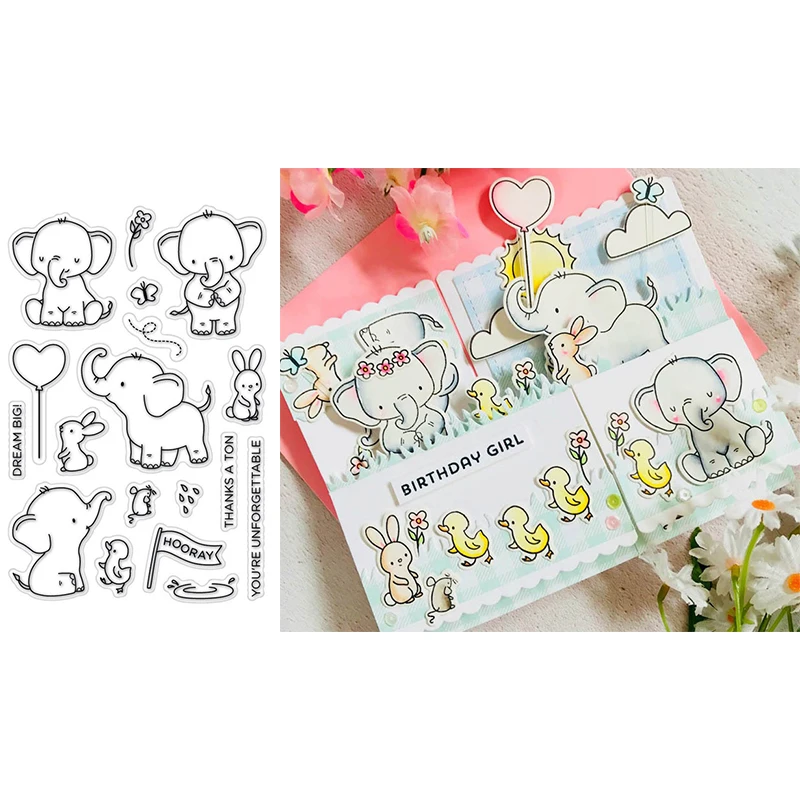 Прозрачные прозрачные штампы добрый дружественный слон кролик бабочка цветок