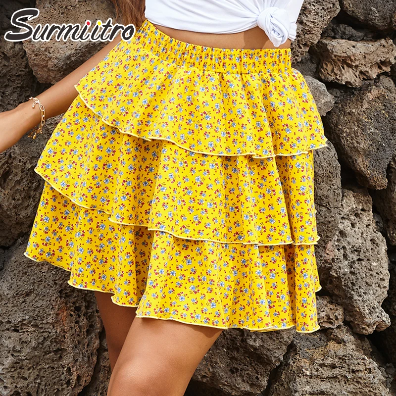 

SURMIITRO Mini Summer Skirt Women 2021 Fashion Yellow White Ruffles Floral Print High Waist Short Sun Skirt Female