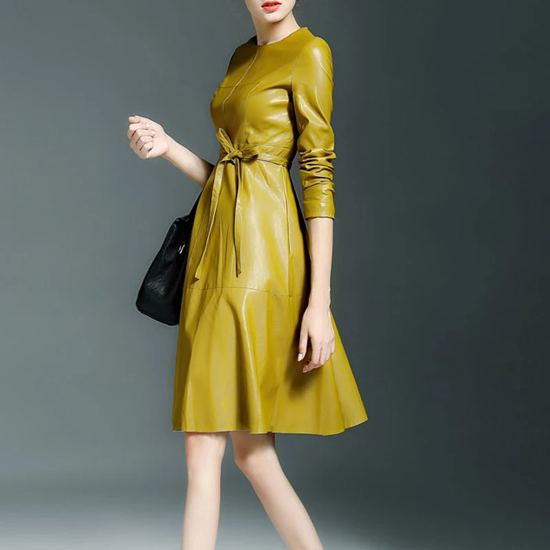 Женское платье из искусственной кожи винтажное кожаное средней длины осень и