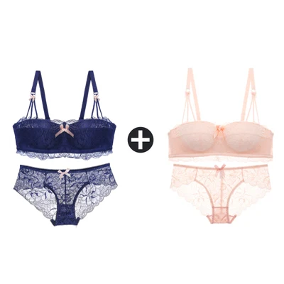 Blue And Pink Sets 2 шт., бюстгальтеры для женщин, маленькая грудь, беспроводной бюстгальтер, кружевной бесшовный бюстгальтер с эффектом пуш-ап и трусики, набор, половина чашки, сексуальные трусы, нижнее белье - Цвет: Blue And Pink Sets