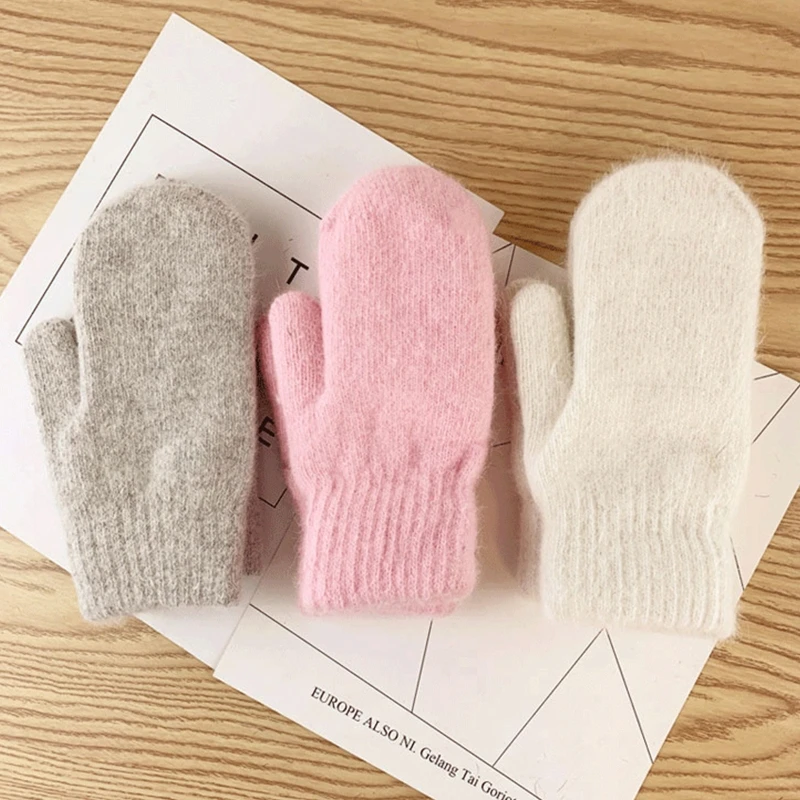 

Women Winter Double Layer Windproof Full Finger Gloves Solid Color Cold Weather Thicken Plush Lining Fluffy Knitted Mittens Hand