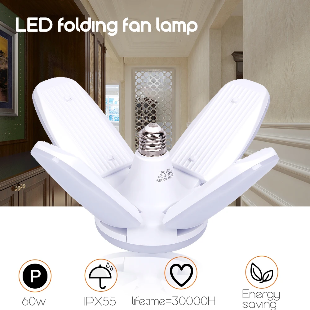 

60W Foldable Fan Blade LED Pendant Lights No Flicker B22 E27 LED Bulb 220V 360 Degrees Angle Adjustable Branch Ceiling Lamp