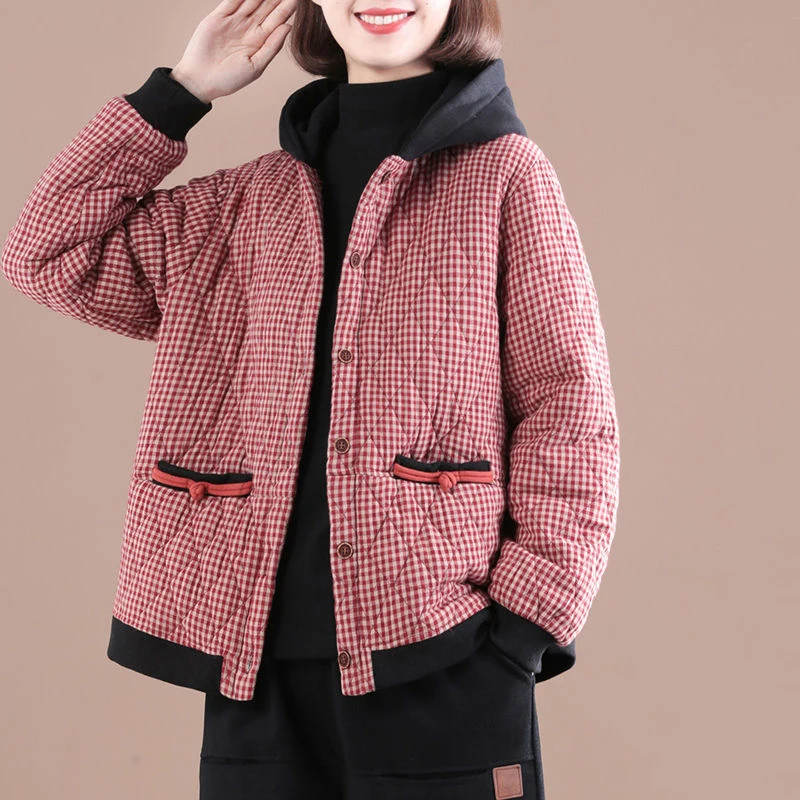 

Plaid Hooded Folder Cotton Coat Women Fall Winter Thicken Large Size Casual Long Sleeve Short Outwear Lady Warm Overcoat Jacket