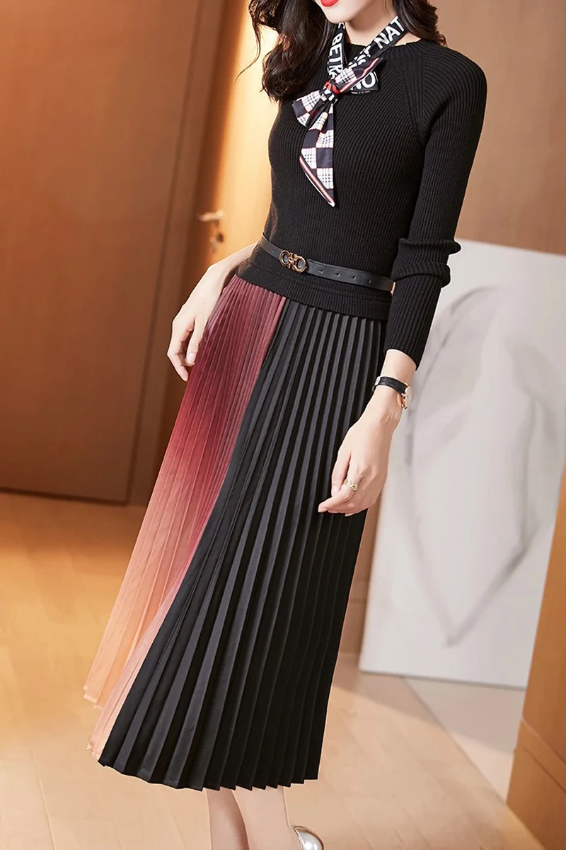 

Autumn New Women'S Elegant Chic Letter Print Streamer Black Long Sleeve Knitted Stitching Fashion Casual Midi Pleated Dress