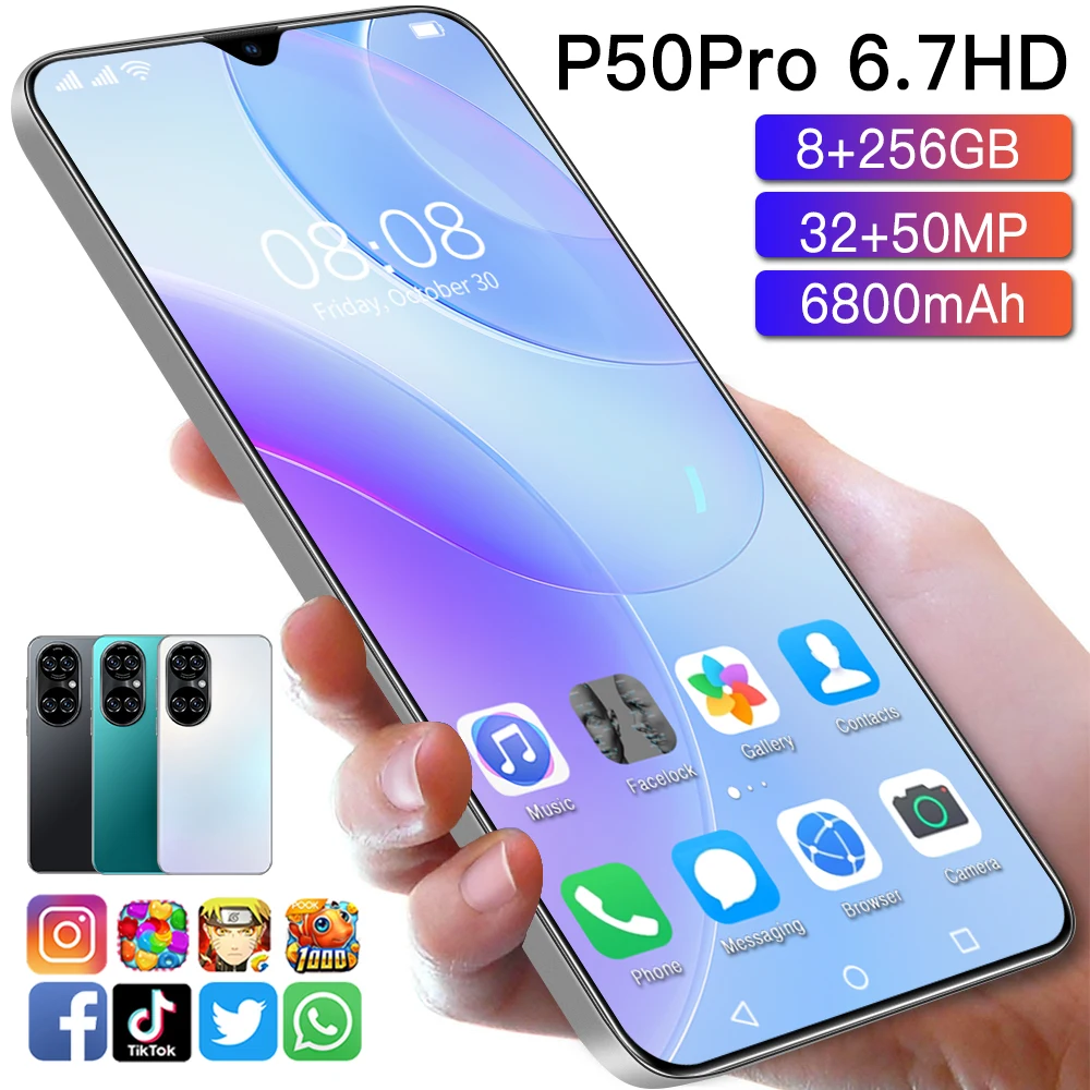 

P50 Pro 6.7" Water Drop Screen 3D Glass Back Cover Smart Phone 8 256GB Andriod 11 GPS 5G Qualcomm 888 Cellphones Global Version