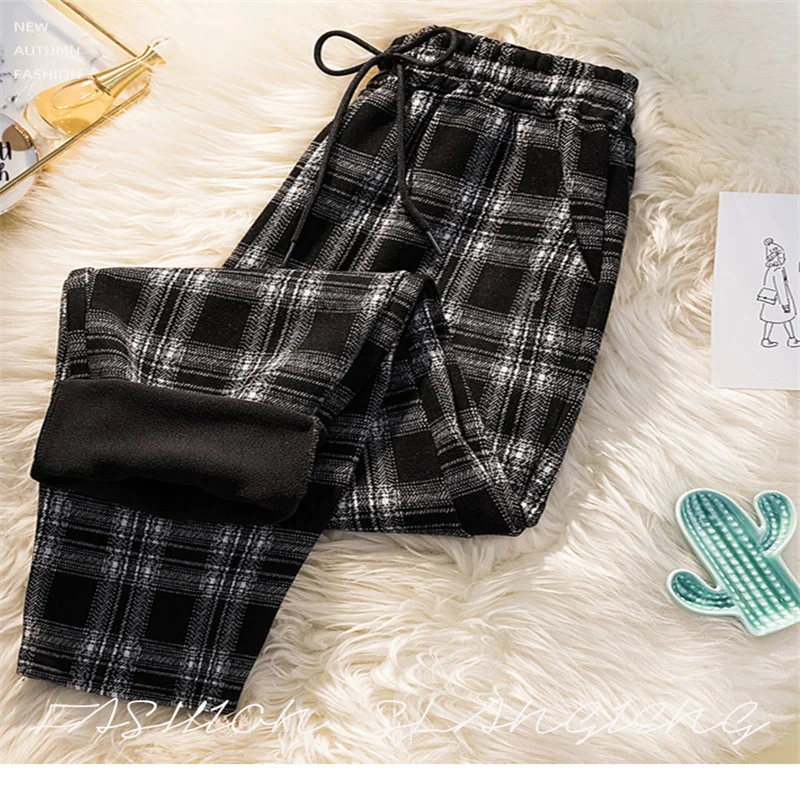 

Winter Women Warm Plush High Waist Plus Size Pants Female Elastic Plaid Printing Trousers Lady Lattic Printed Haren Pants