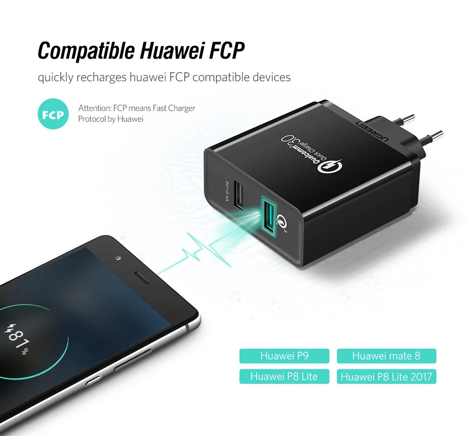 Ugreen Зарядное Устройство USB Qualcomm Быстрая Зарядка 3.0 30 Вт Быстрый Мобильный Телефон Зарядное Устройство(Быстрая Зарядка 2.0 Совместимый) для Samsung Huawei LG