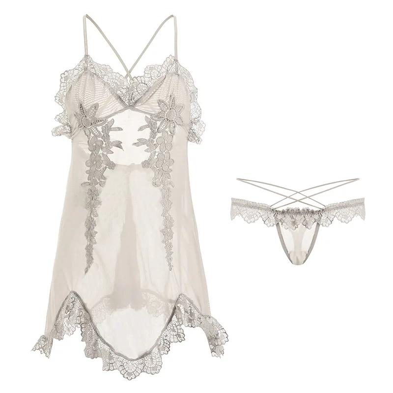 

Women's Home Service Underwear Lace Backless Suspender Nightdress New Style Black White Sexy Nightwear Dress with Panties Ladies