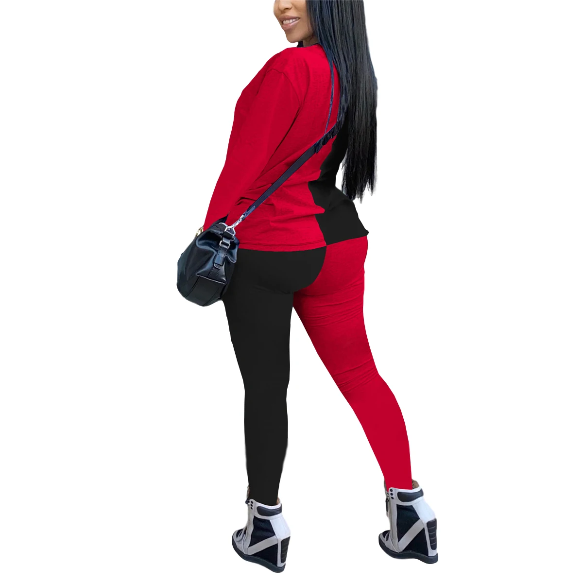 

Women Two Piece Set Autumn Casual Clothes Vintage Fashion Color Contrast Long Sleeve Pullover Top Elastic High Waist Trousers