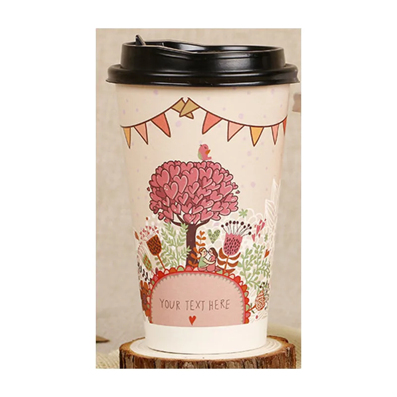 cup and lid 50 шт мультфильм креативная одноразовая кофейная чашка 500 мл вечерние день рождения холодные и горячие напитки толстый молочный бумажный стаканчик для чая с крышкой - Цвет: cup and lid
