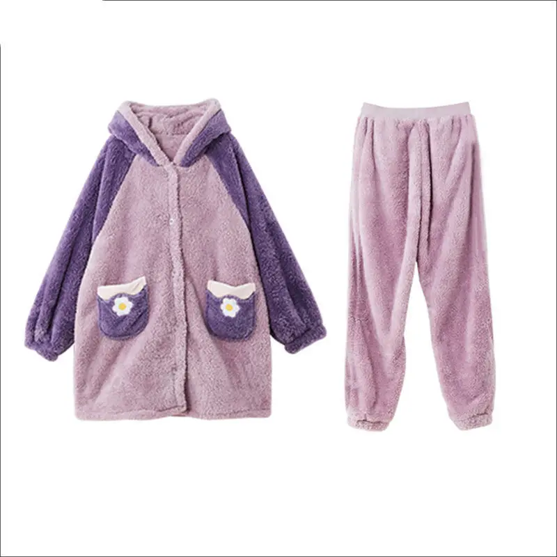 

Hat Couple Pajamas Women Flannel Sleepwear Men's Home Service Suits Autumn and Winter Thickened Hooded Nightgown