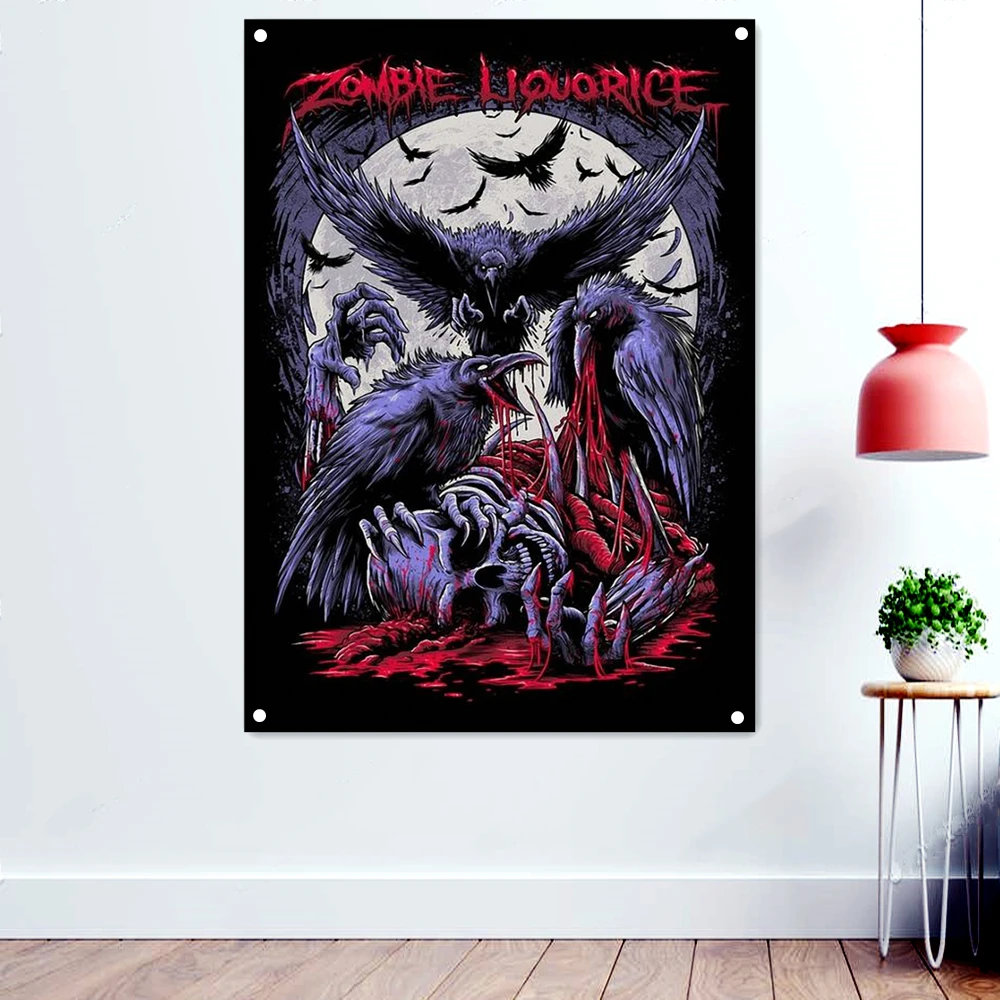 

Carnivorous Crow Heavy Metal Art Poster Banners Rock Band Flags Macabre Tattoo Art illustration Wall Hanging Bar Cafe Home Decor
