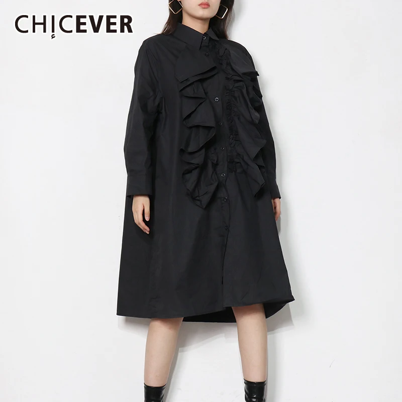 

Женское платье-миди CHICEVER, черное лоскутное платье с оборками, воротником с отворотом и длинным рукавом, осенняя одежда