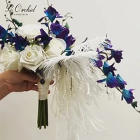 peorchid artificial blue white galaxy orchid bridal bouquet luxurious feather real touch flowers cascading wedding faux bouquet