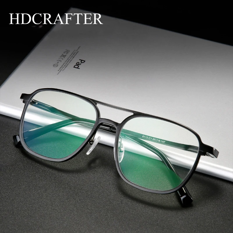 HDCRAFTER Oversized Vintage Pilot Man Glasses Frame with Anti Blue Light Lens Women Optical Myopia Prescription Eyeglasses Frame