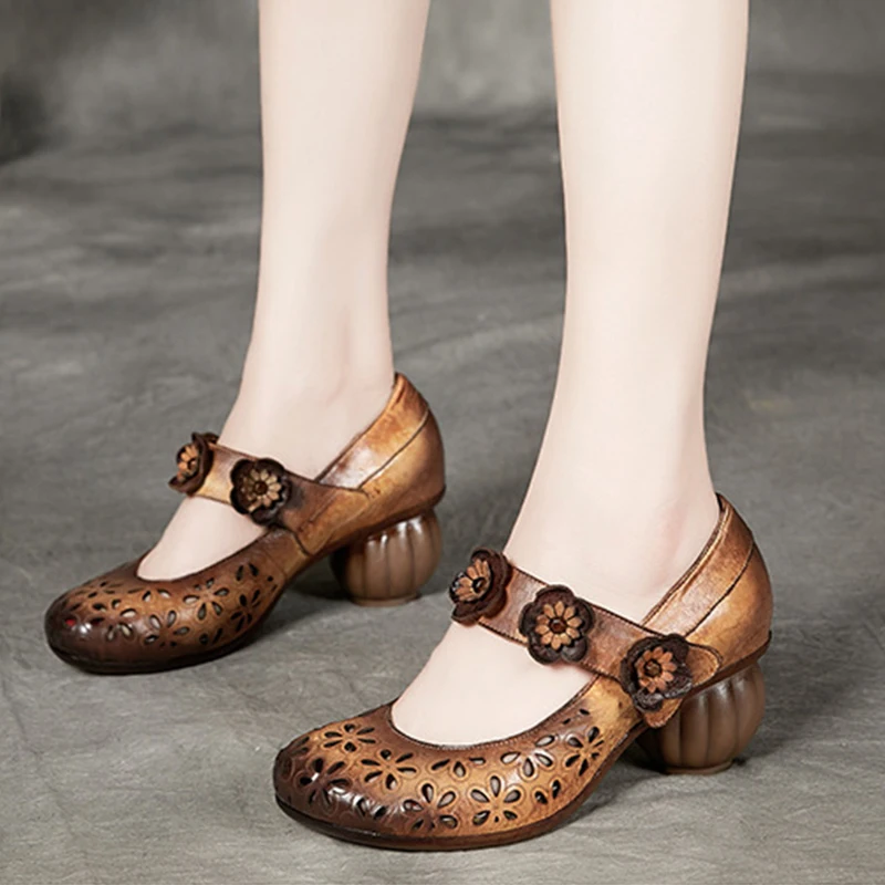 

Women Genuine leather Retro Flower Single Shoes Vintage Thick High heels Pointed Toe Handmade Pumps Women's Shoes 2020