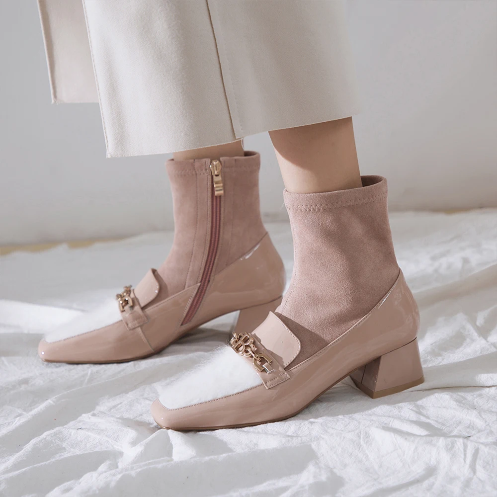 Goedkoop ROSSTYLE Hoge Kwaliteit Vrouw Winter Enkellaars Handgemaakte Lederen Stretch Stof Ronde Neus Lage Hak Schoenen Elegante Laarzen