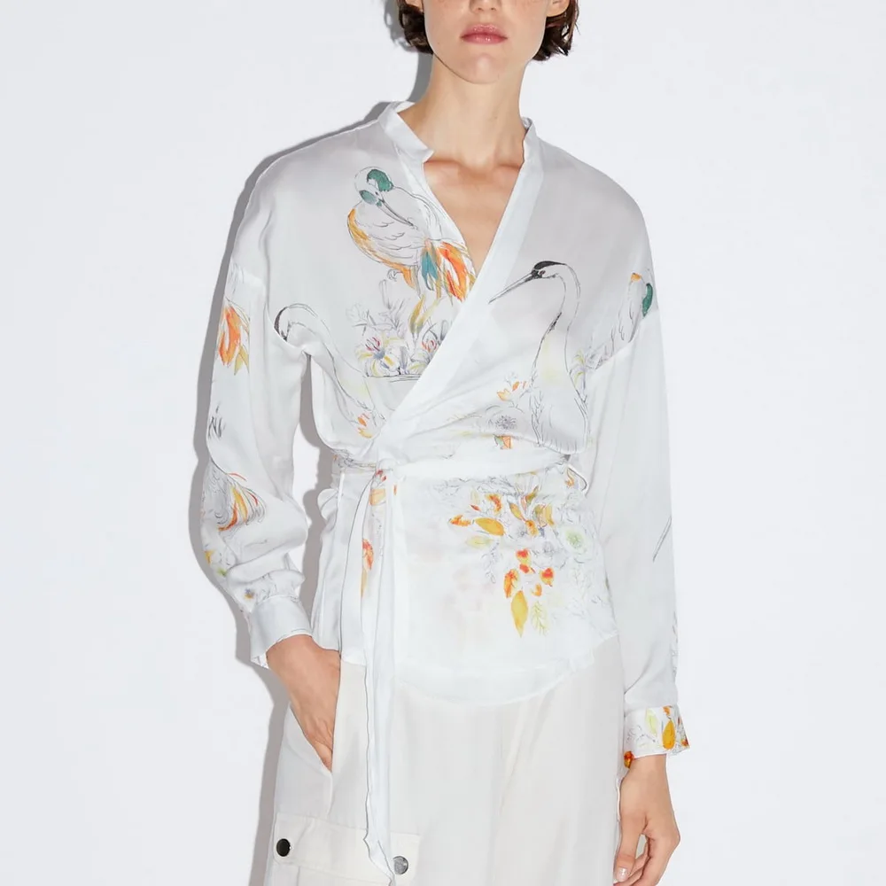 2019 actumn женский палантин с принтом Блузка v-образный вырез кроссовер Принт офисные