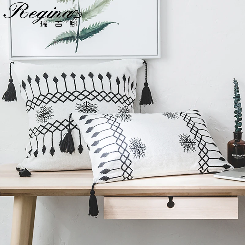 

REGINA Brand Pure Cotton Knitted Pillow Case Nordic Style Classic Black White Embroidered Tassel Decorative Pillow Cushion Cover