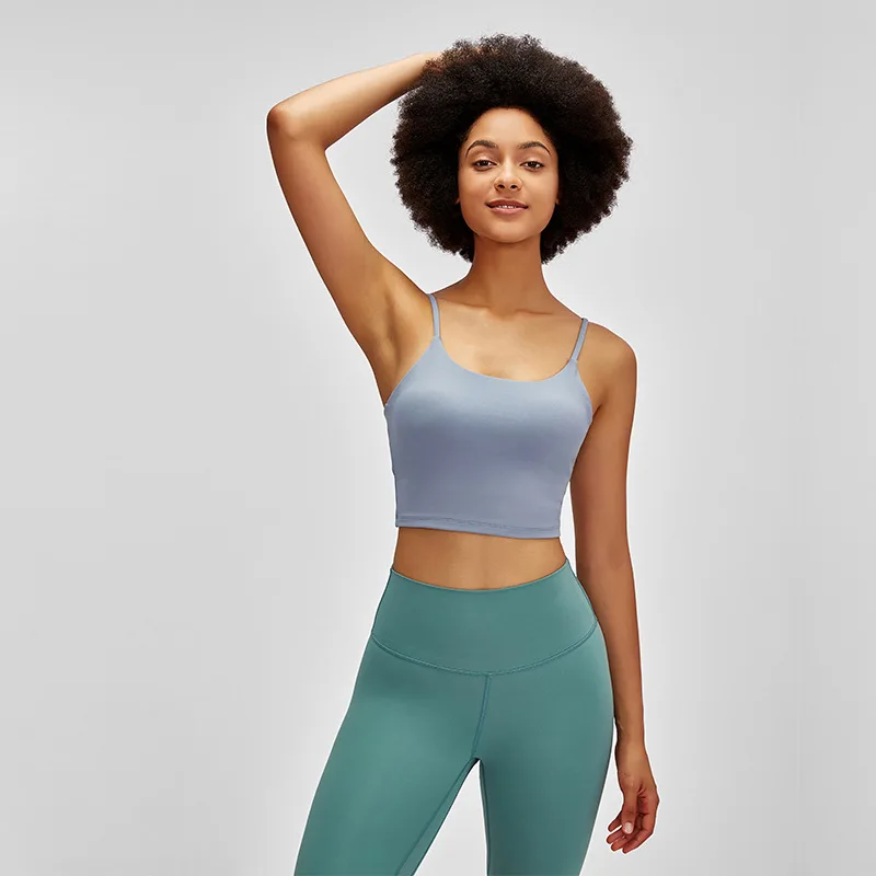 

Summer New Thin Shoulder Strap Yoga Vest Female Sexy Crop Top Running Sports Vest Gym Quick-Drying Dance Training Top With Pad