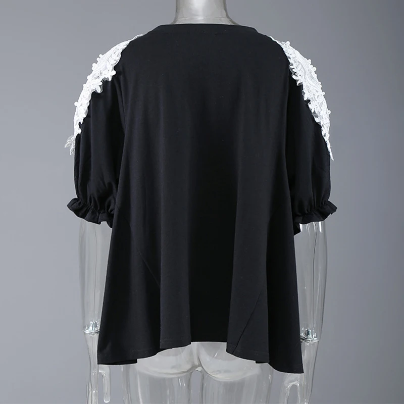 

[EAM] Women Black Big Size Casual Ruffles Spliced Lace T-shirt Round Neck Half Sleeve Fashion Tide Spring Summer 2021 1DD9165