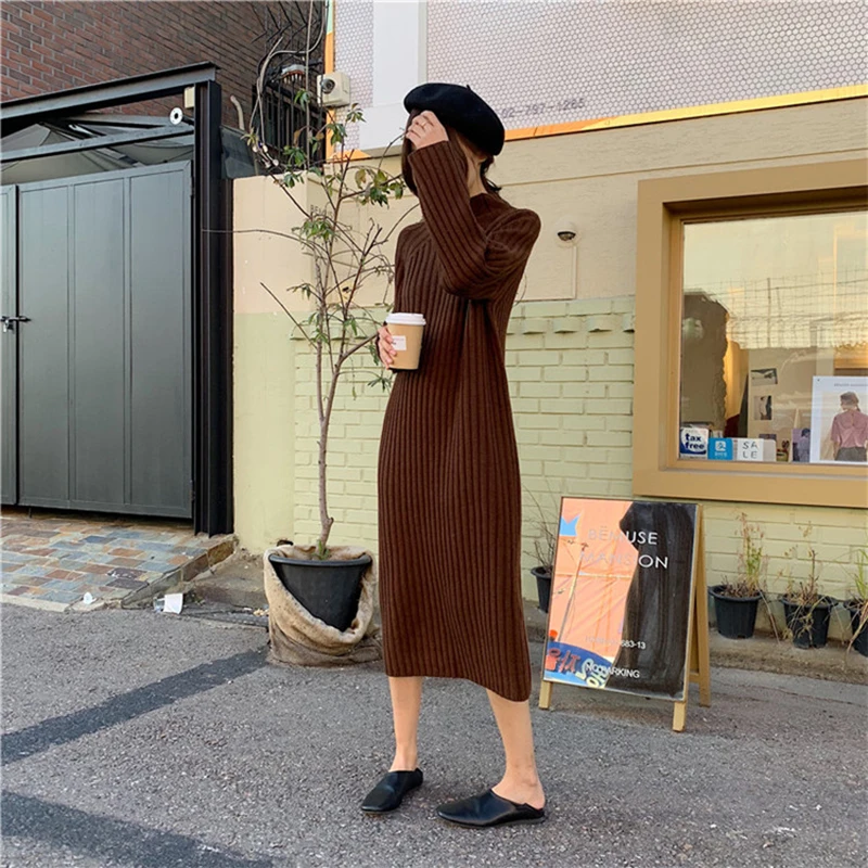 Зимнее прямое длинное платье-свитер женское вязаное осеннее платье-пуловер с