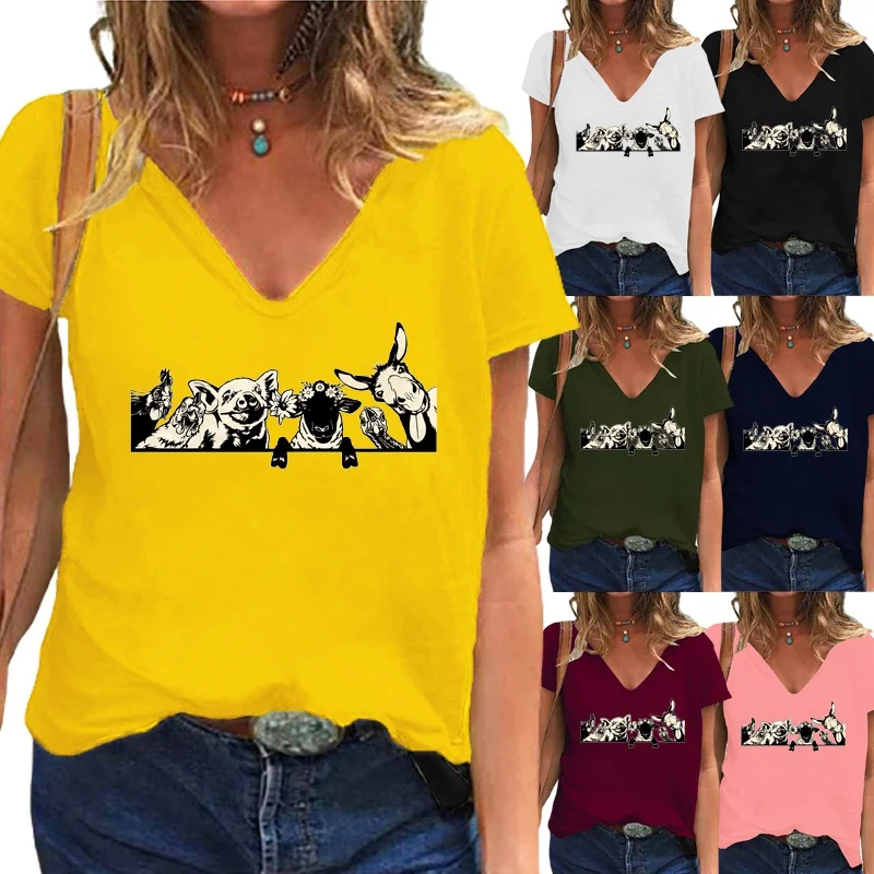 

Plus Size Womens V-neck Short Sleeve T-Shirts Fashion Animal Printed Shirt Ladies Casual Loose Tops XS-5XL