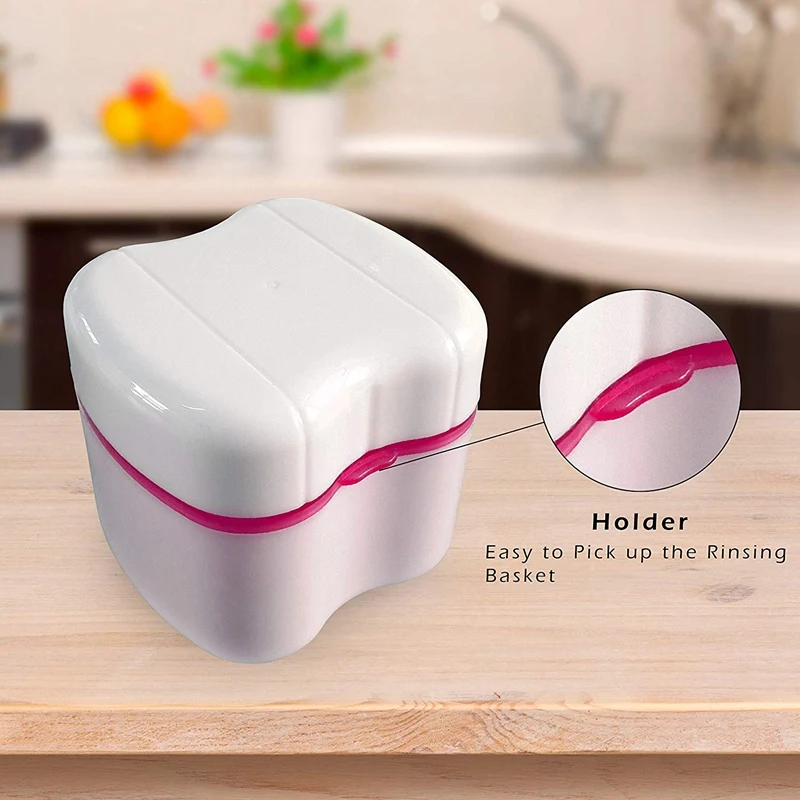 Denture Box with Specially Designed Holder for Rinse Basket, Great for Dental Care, Easy to Open, Store and Retrieve