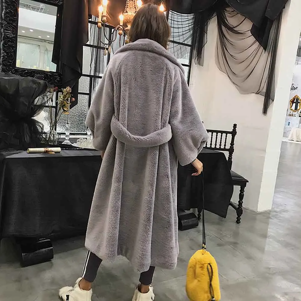 Gray TXJRH стильная мохнатая длинная куртка из искусственного меха норки Верхняя одежда с отворотом и карманами теплое пальто большие размеры Топы 4 вида цветов - Цвет: Gray