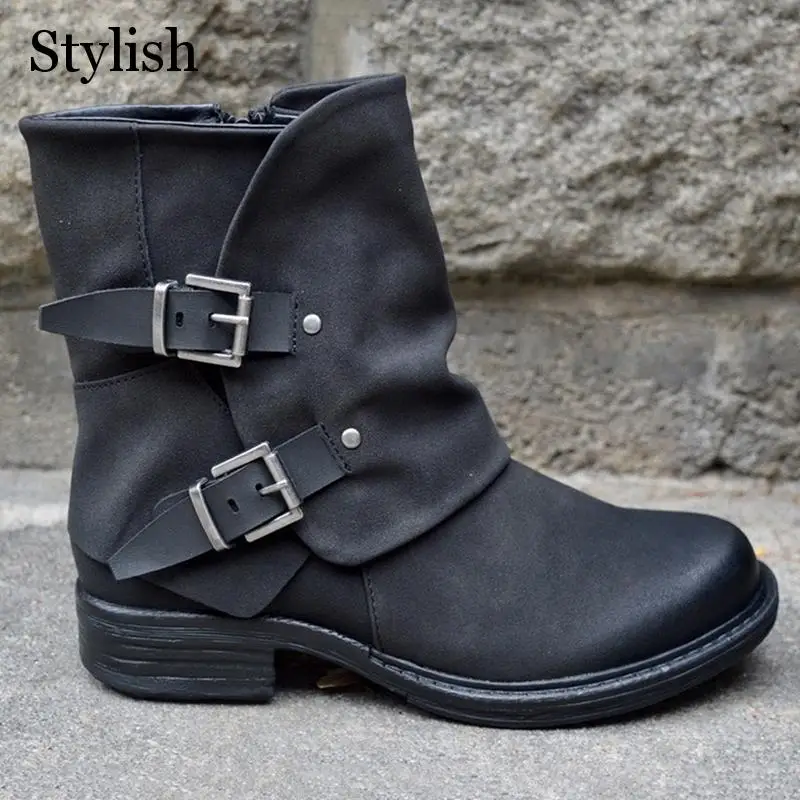 Зимние ботинки для женщин Однотонная обувь на плоской подошве с пряжкой Женская