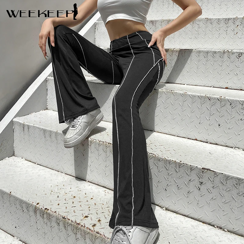 

Weekeep Chic Patchwork Black Flared Pants Women Casual Streetwear High Waist Slim Trousers Summer 90s Fashion Joggers Long Pants