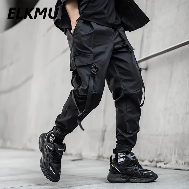 

Брюки-карго ELKMU HM660 мужские спортивные, уличная одежда, модные тактические штаны с несколькими карманами и лентой, с эластичным поясом, черны...