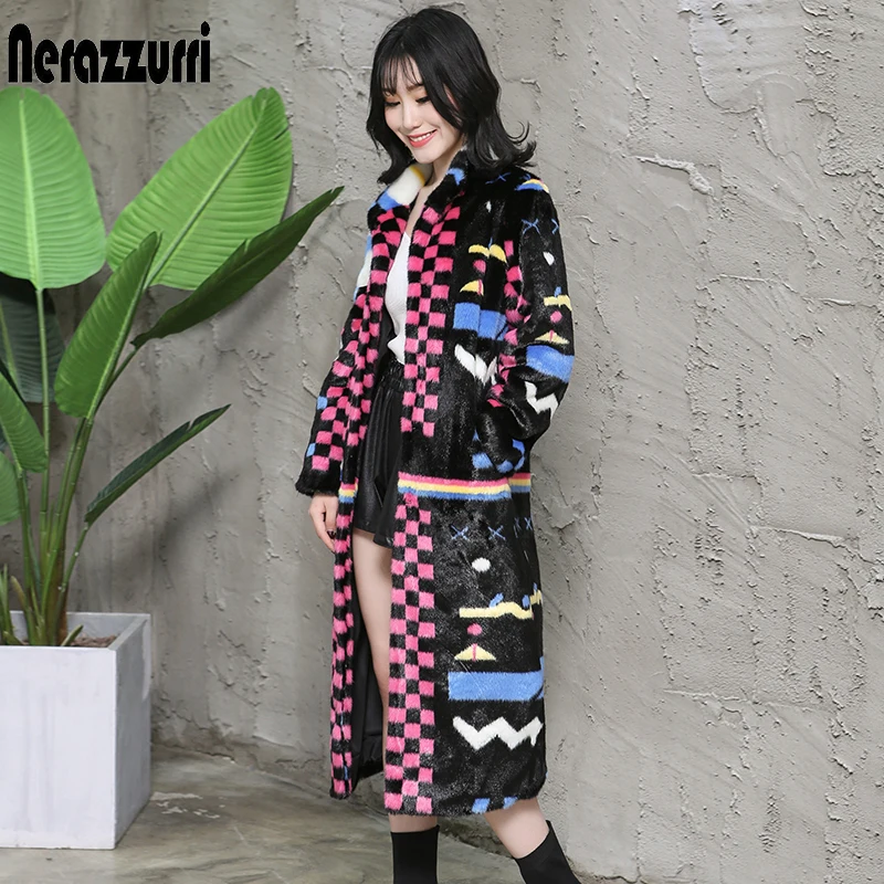 Nerazzurri Multi color women faux fur coat runway ladies long fur coats warm winter fashion designer brand luxury women clothing