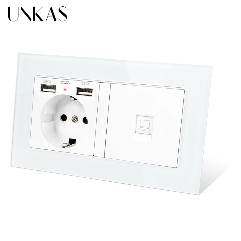 UNKAS Серый роскошный Стекло Панель настенная розетка стандарта ЕС 2 USB зарядка
