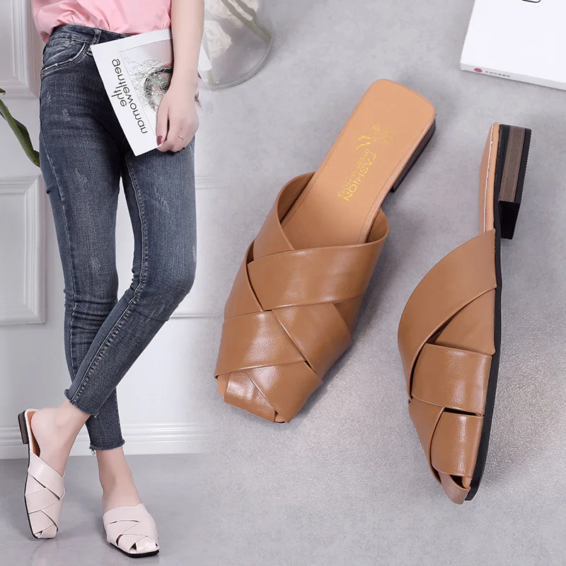 

Женские туфли на низком каблуке, однотонные кожаные шлепанцы с квадратным носком, сланцы, лето 2021