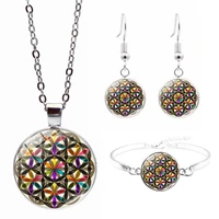 retro flower of life cabochon glass pendant necklace bracelet earrings jewelry set totally 4pcs for womens fashion jewelry