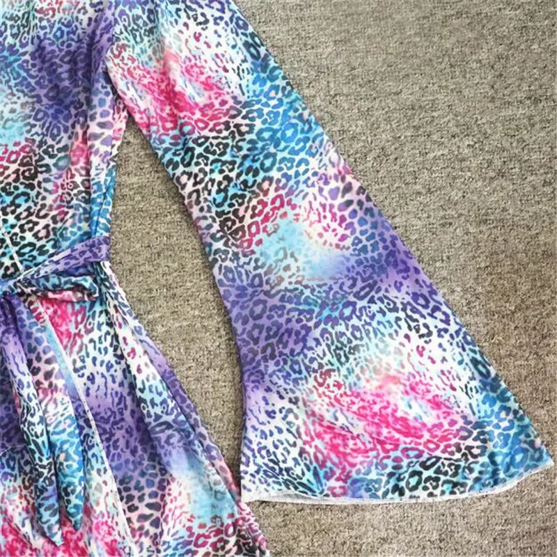 

Enthnic Leopard Print Beach Blouses Women Boho V Neck Lace up Tunic Top Bikini Cover Kimono Shirt Waist Belt Beachwear Blusas